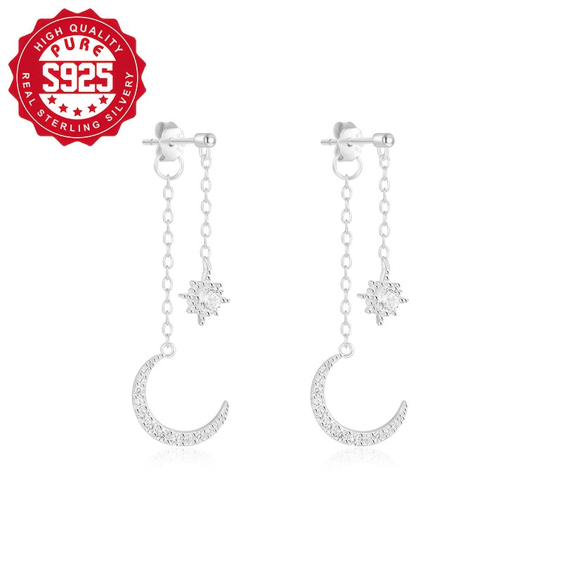 1 Pair Elegant S925 Silver Crescent Moon Dangle Earrings, Synthetic Zirconia, Bling Fashion Ear Studs for Women, Hypoallergenic, Perfect for Daily Wear & Banquets, Thanksgiving Gift, 1.8g