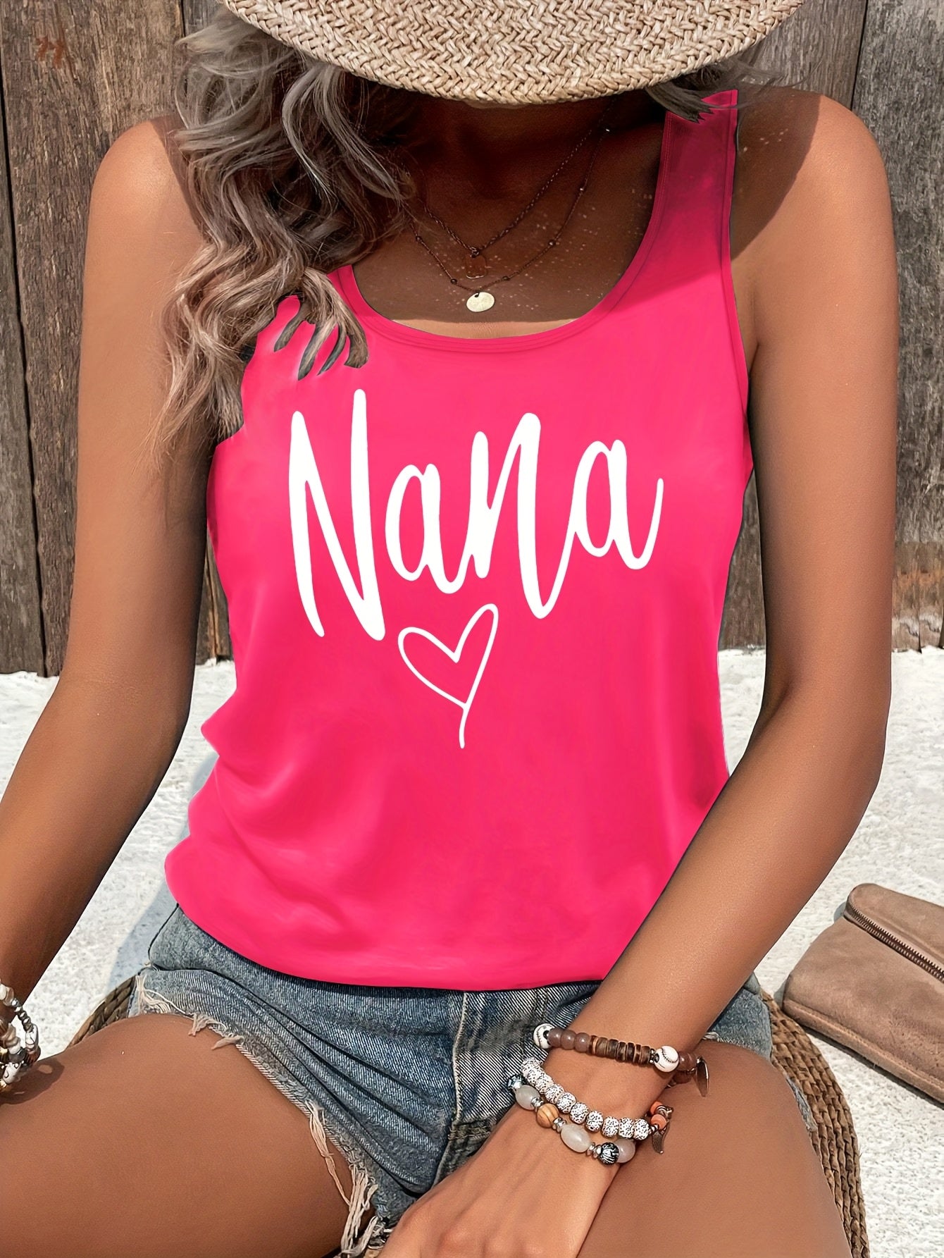 1pc Women's Pink Sleeveless Vest, Sparkling Red Heart And Star Print, Printed Pattern, Non Sequined - Casual Summer And Spring Top, Round Neck, Machine Washable Comfortable Fabric