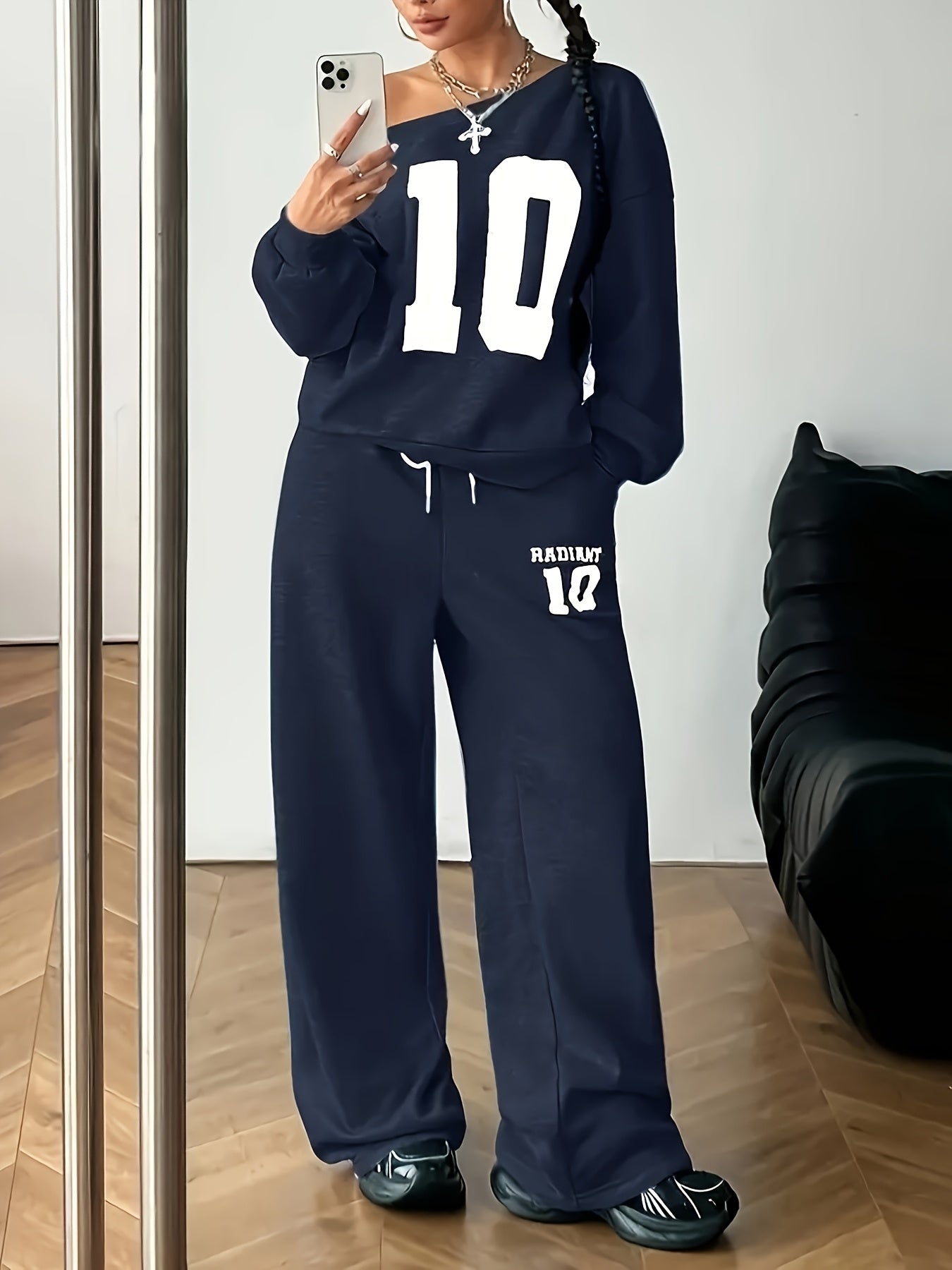 New Women's Two-Piece Set: Fashion Casual Thickened Loose Round Neck Minimalist Digital Print T-Shirt & Pants with Off-Shoulder Sweatshirt + Lace Drawstring Long Joggers