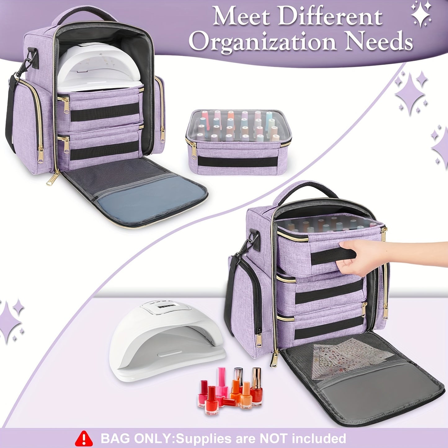 Nail Polish Storage Organizer Holds 72 Bottles (15 Ml-0.5fl.oz), Nail Polish Carrying Case with 3 Removable Pouches And 4 Zippered Pockets for Manicure Tools Supplies&Nail Lamp, Travel Accessories Must Have&Travel Accessories