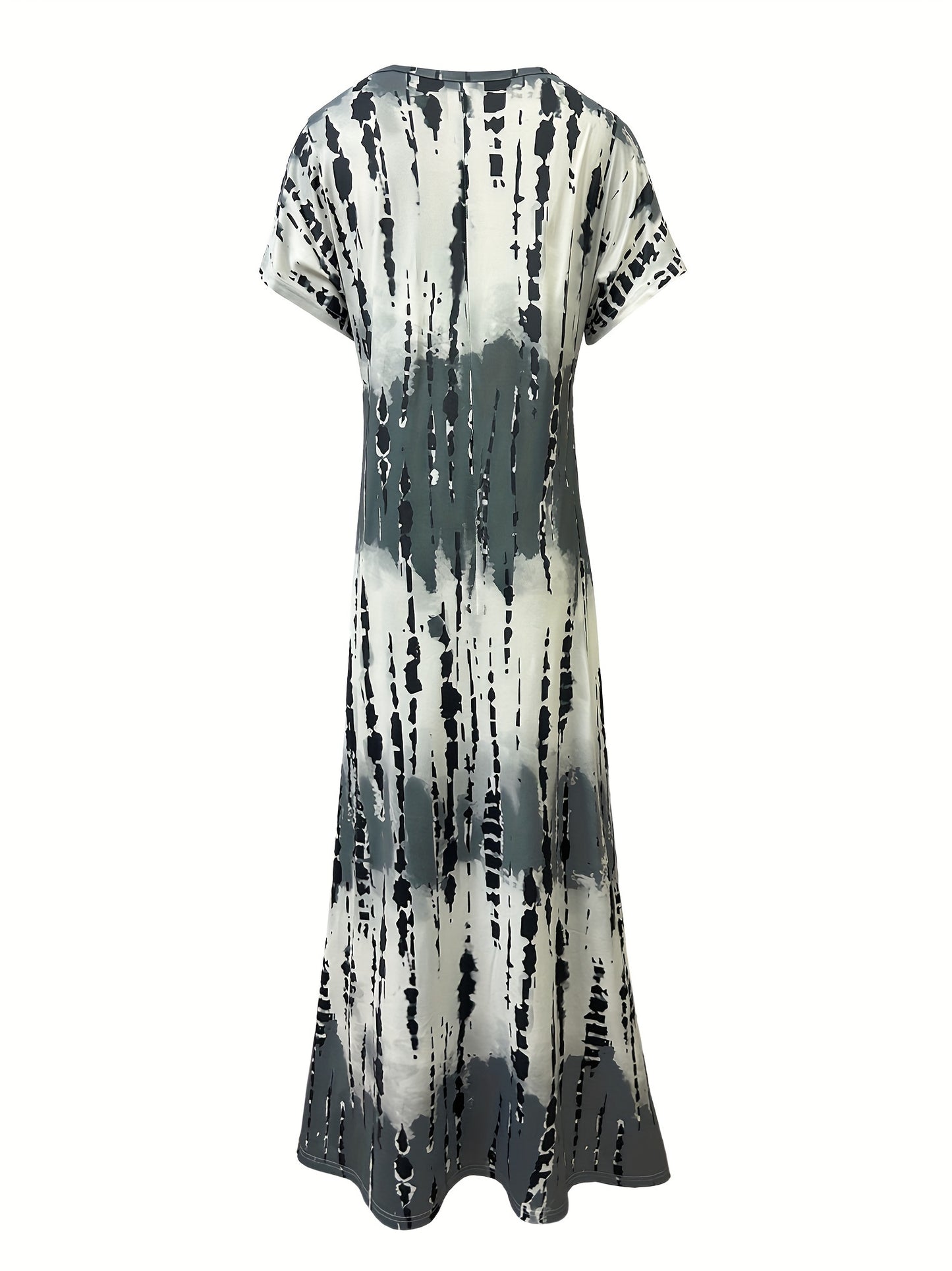 Tie Dye V Neck Dress with Elegant Split Short Sleeves