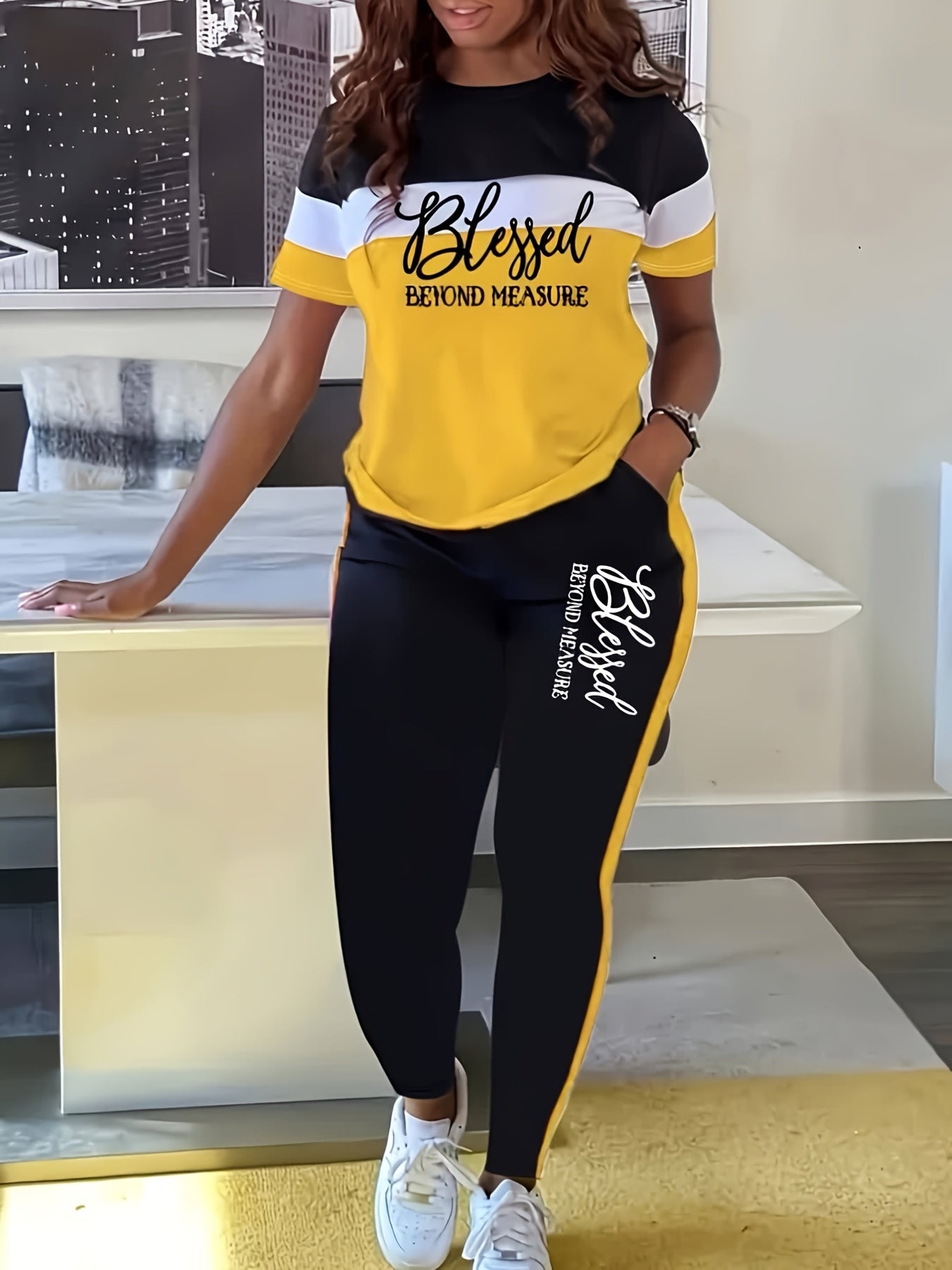 Womens Two Piece Set Blessed Pattern T Shirt And Pants