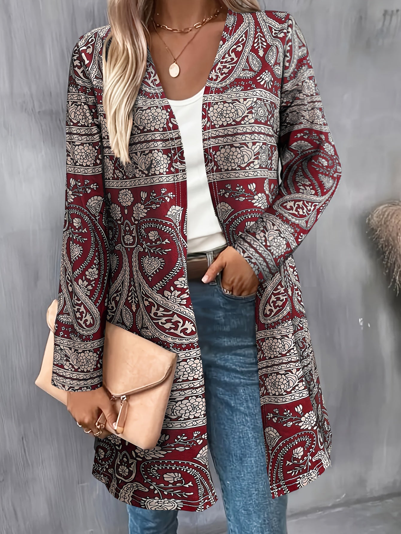 Elegant Paisley Print Womens Cardigan Open Front Knitwear