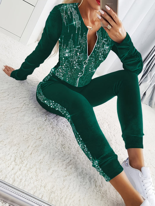 2pcs Velvet Tracksuit Outfits Contrast Sequin Ruched Long Sleeve Zip Up Coat Pants Sets