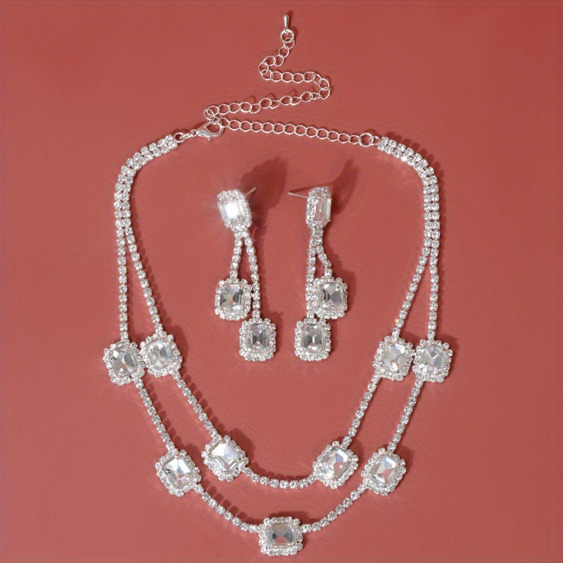 Bridal Rhinestone Necklace and Earrings Set Multi Layer