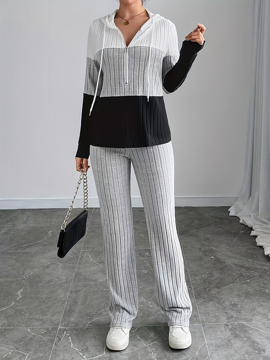 Women'S High-Waisted, Floor-Length Wide-Leg Pants Set with a Stylish And Casual Zip-Up Knit Design.