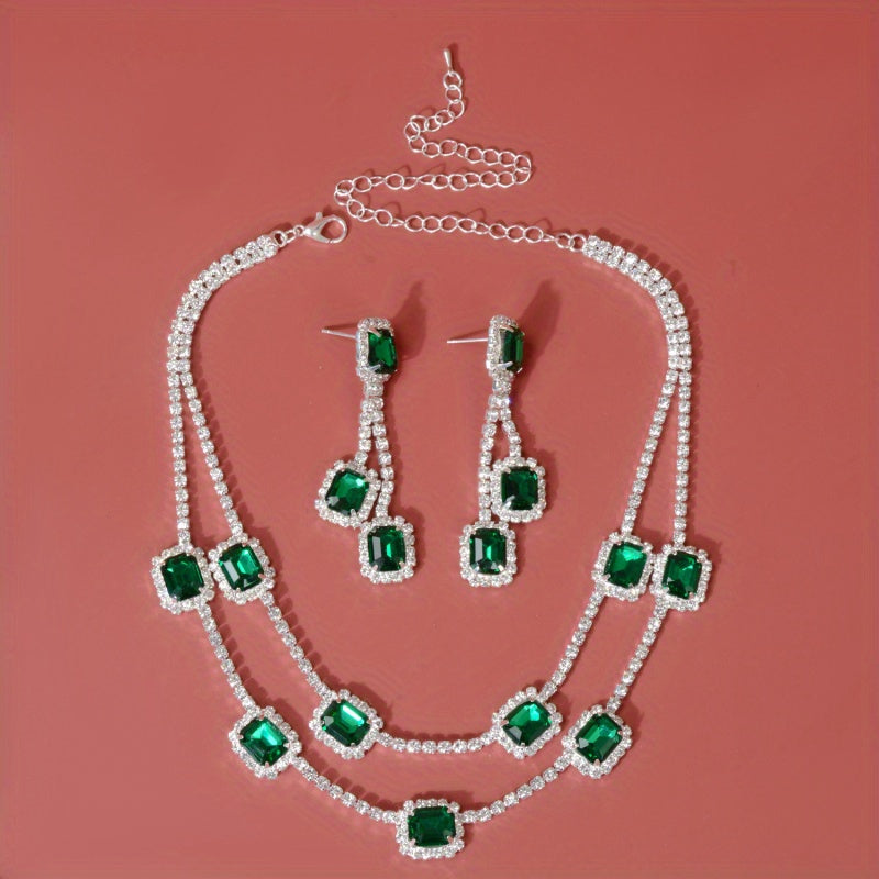 Bridal Rhinestone Necklace and Earrings Set Multi Layer