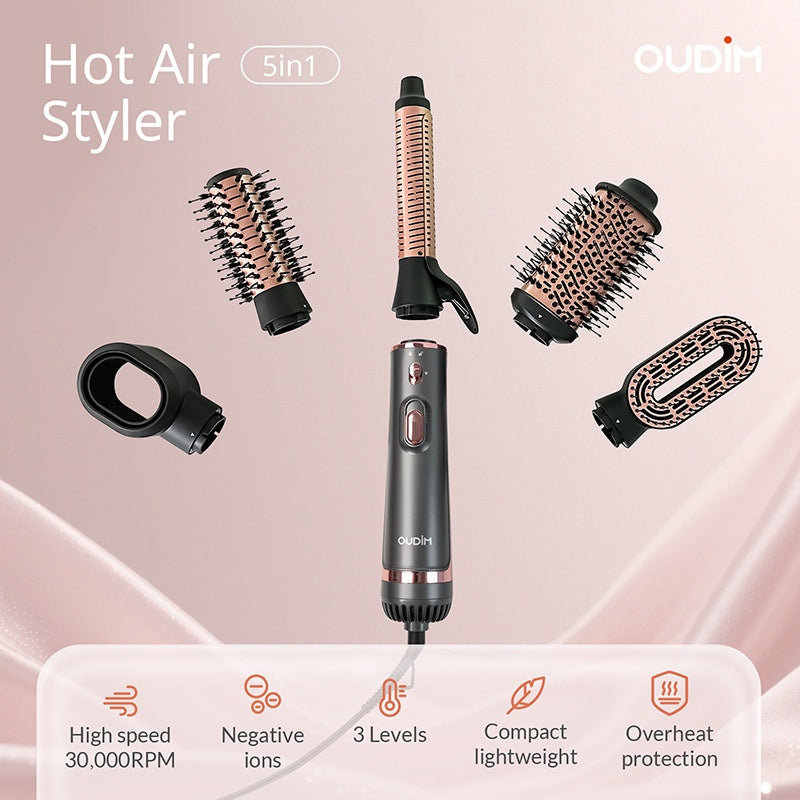 5-in-1 Hot Air Comb Set with Negative Ion Technology - Hair Dryer, Massage Straightening Comb, Round Curling Iron & Oval Styling Comb, Interchangeable Heads