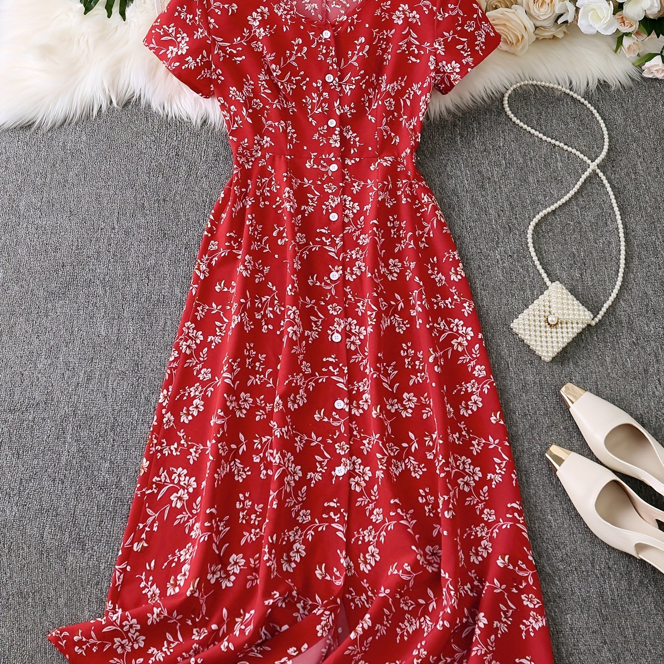 Elegant Floral Print Button-Up Dress for Women
