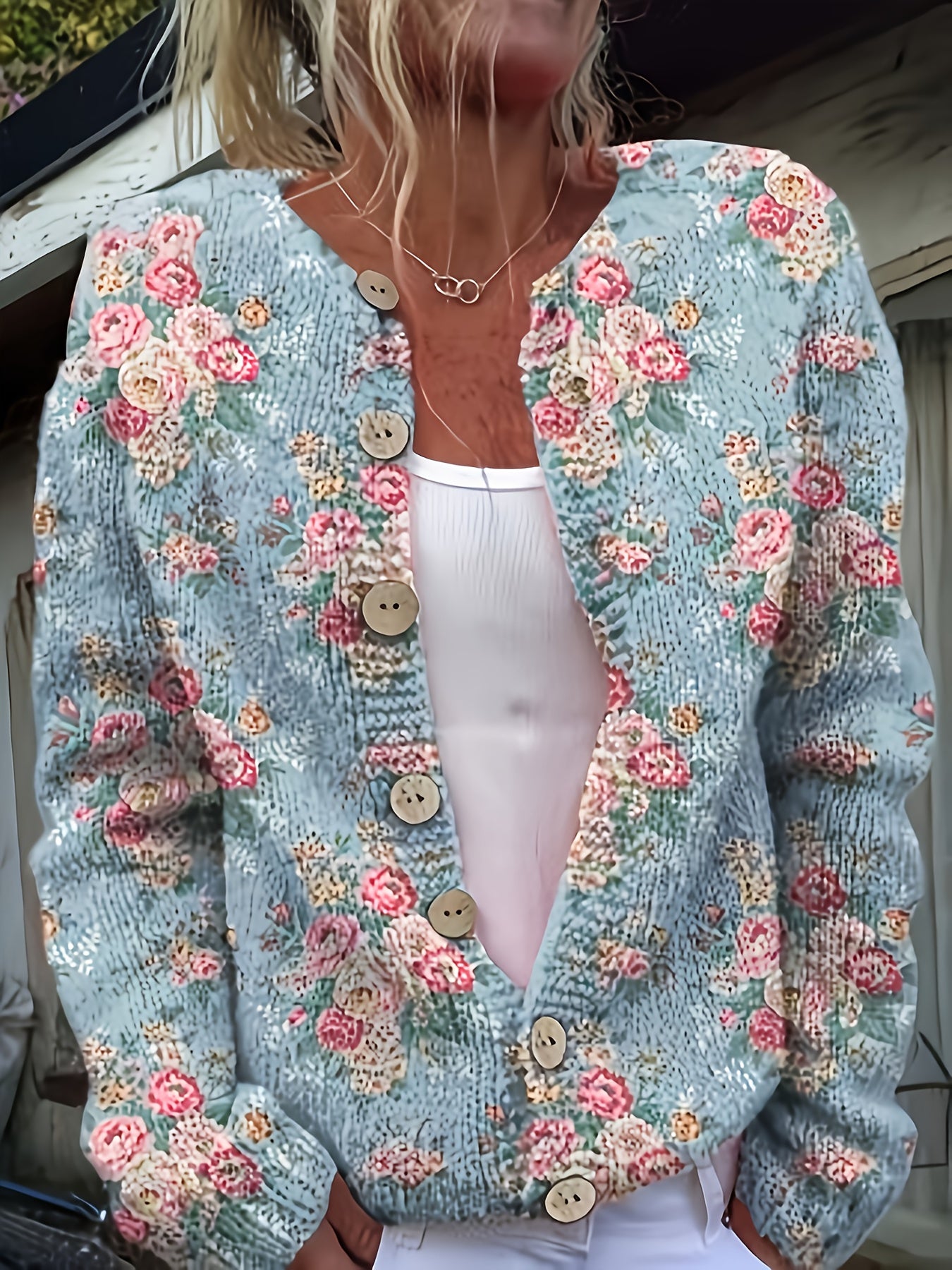 Womens Casual Printed Button Front Lightweight Knit Cardigan