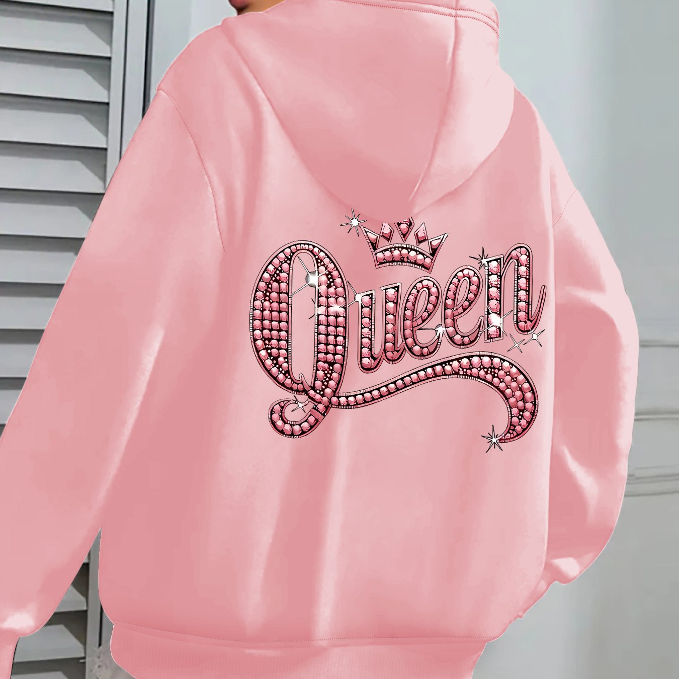 Pink Queen Graphic Hoodie Zipper Jacket Rhinestone Letters