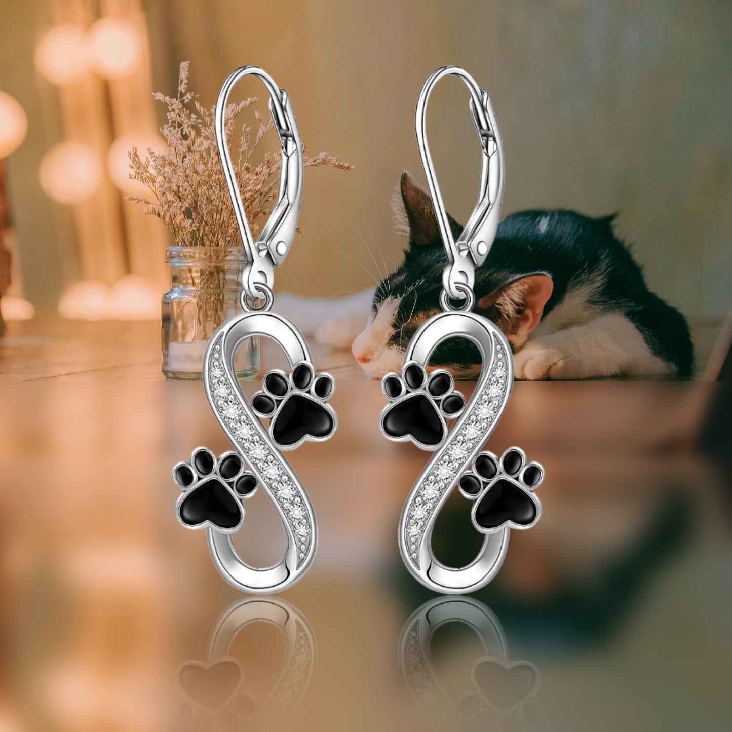 Sterling Silver Infinity Earrings - 925 Black Cat Paw Print Women's Memorial Jewelry Lover Gift - Valentine's Day Puppy Pet Paw Earrings
