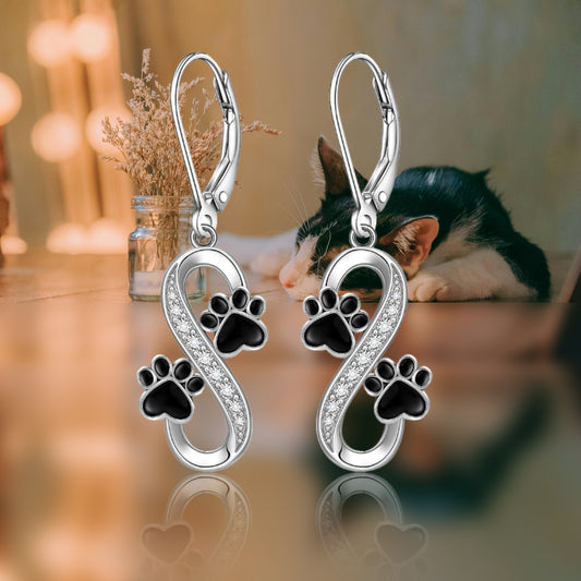 Sterling Silver Infinity Earrings - 925 Black Cat Paw Print Women's Memorial Jewelry Lover Gift - Valentine's Day Puppy Pet Paw Earrings