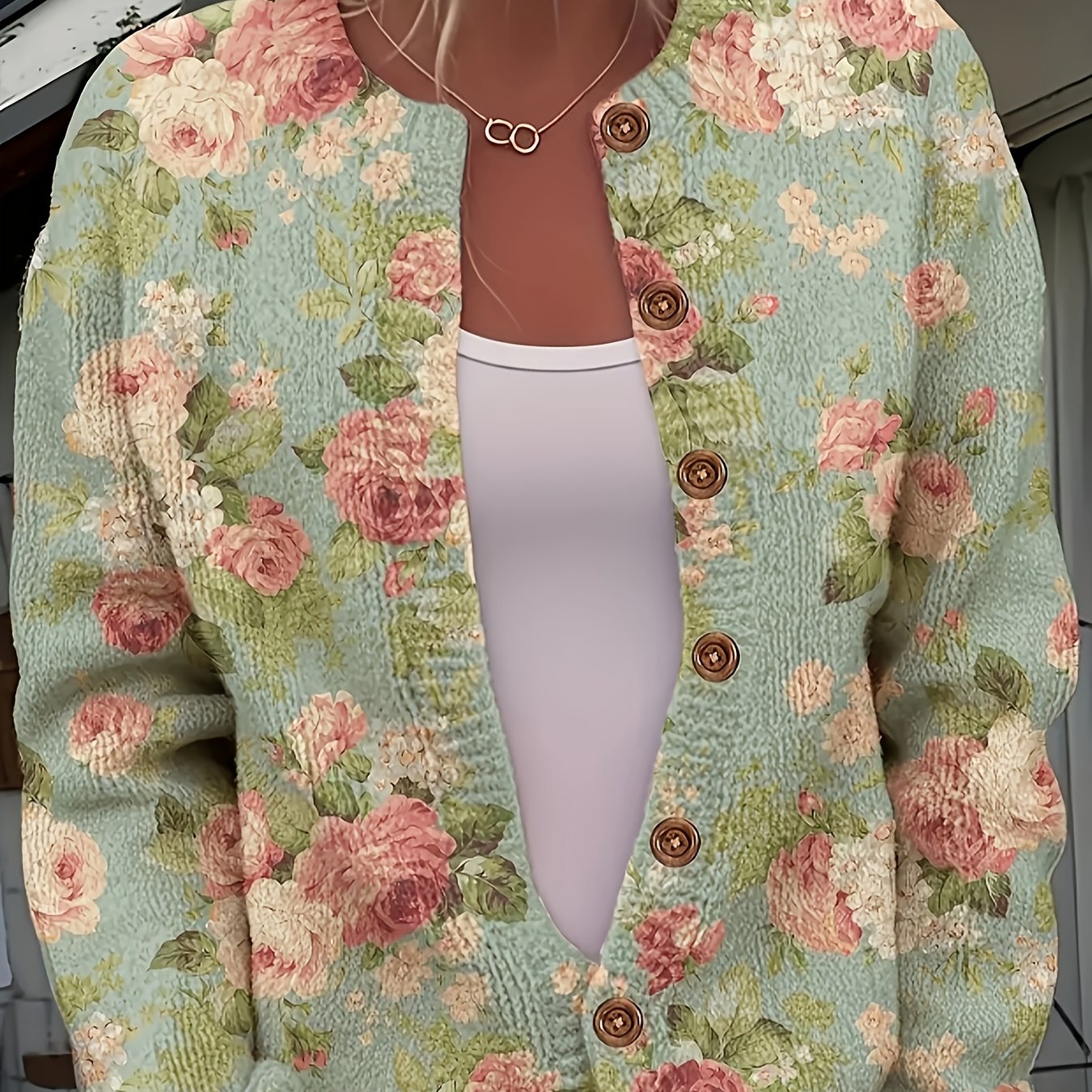 Womens Casual Printed Button Front Lightweight Knit Cardigan