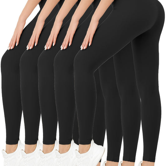 Five-pack women's high waisted leggings super soft stretch opaque slim fit yoga leggings, solid color stretch tummy control yoga pants for cycling workouts