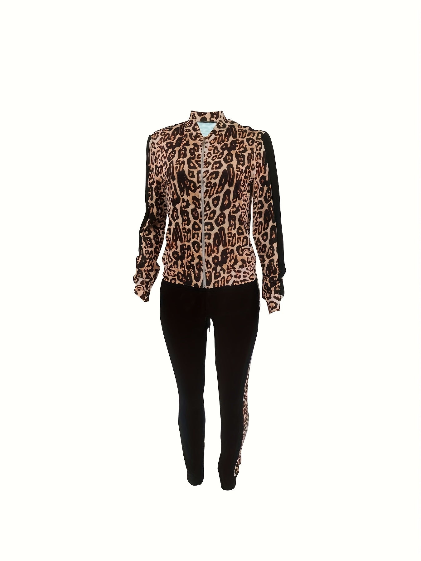 Stylish Casual Leopard Print Zip-Up Top and Pants Set
