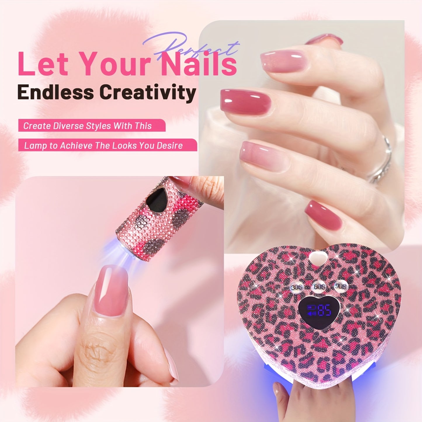 86W Cordless LED Nail Lamp with A Handheld Nail Lamp, 4 Timer Setting Touch Control & Auto Sensor for Gel Nail Polish with Sparkling Nail Rhinestones, with Heart Shape