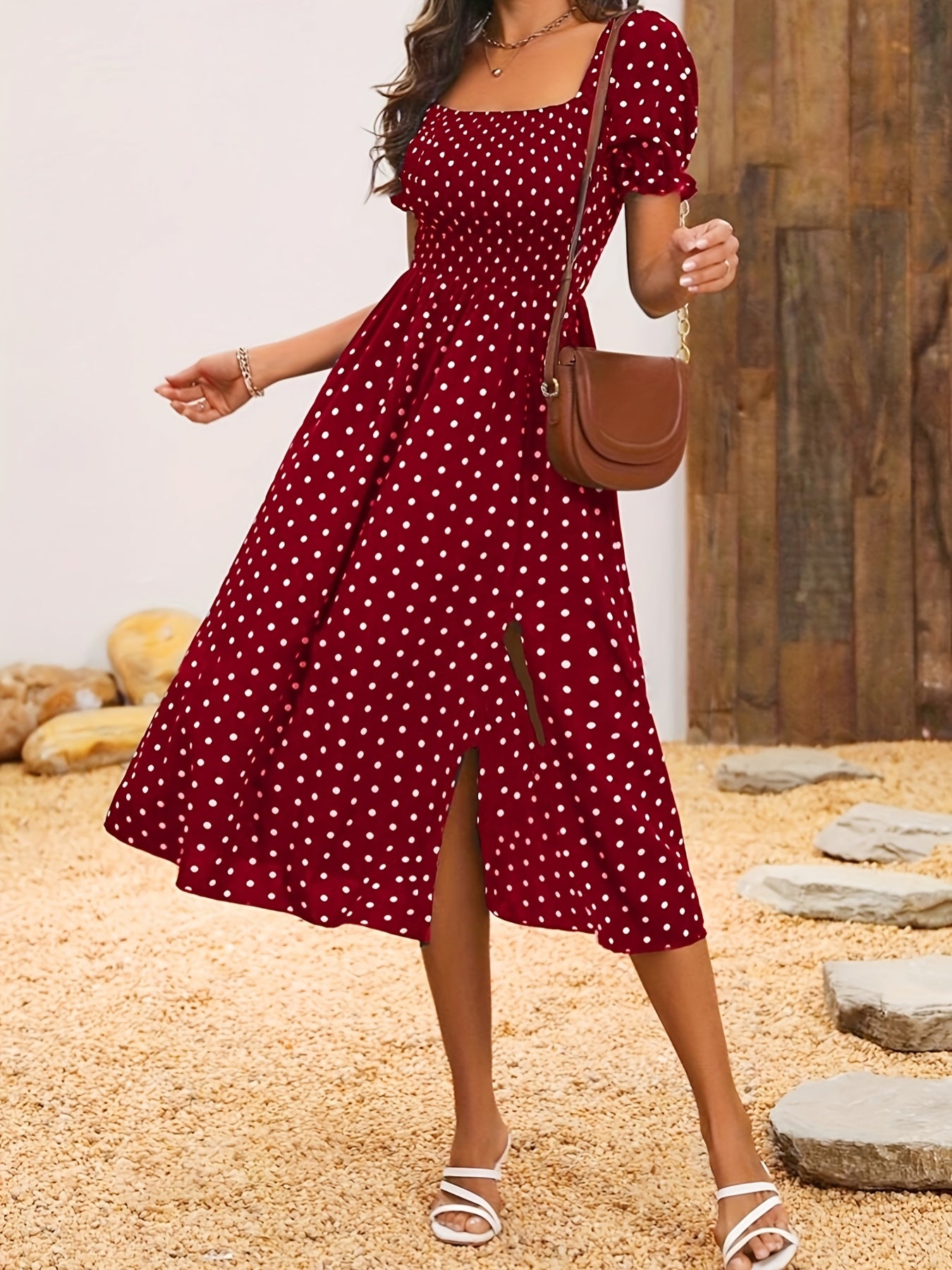 Elegant Off-Shoulder Red & White Polka Dot Mum Dress with Shirred Waist - Chic Summer Two-Way Wear for Women, Off Shoulder Dress