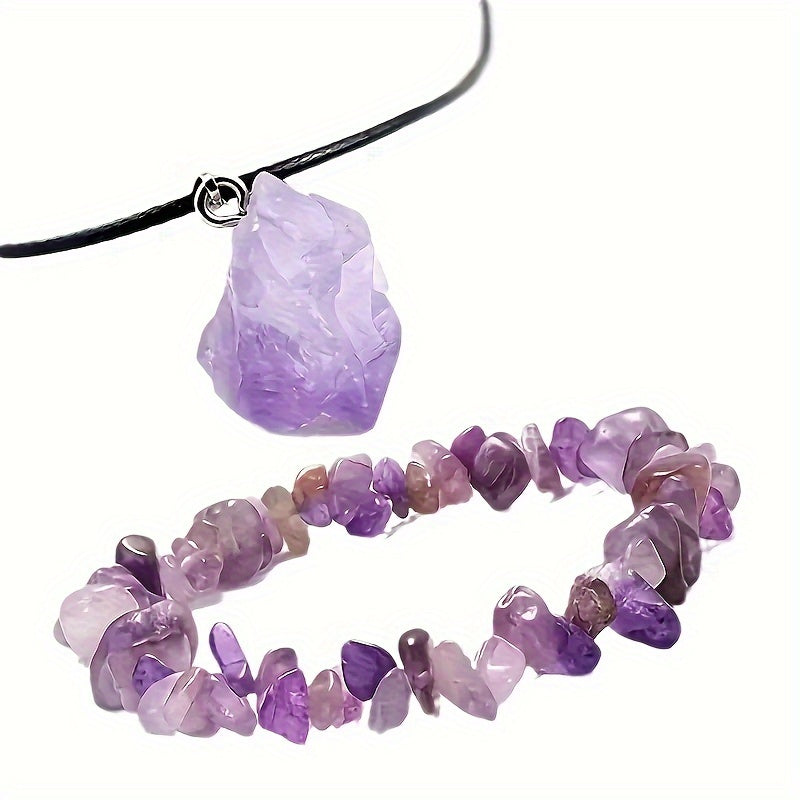Natural Amethyst Pendant Necklace and Crushed Stone Bracelet Set