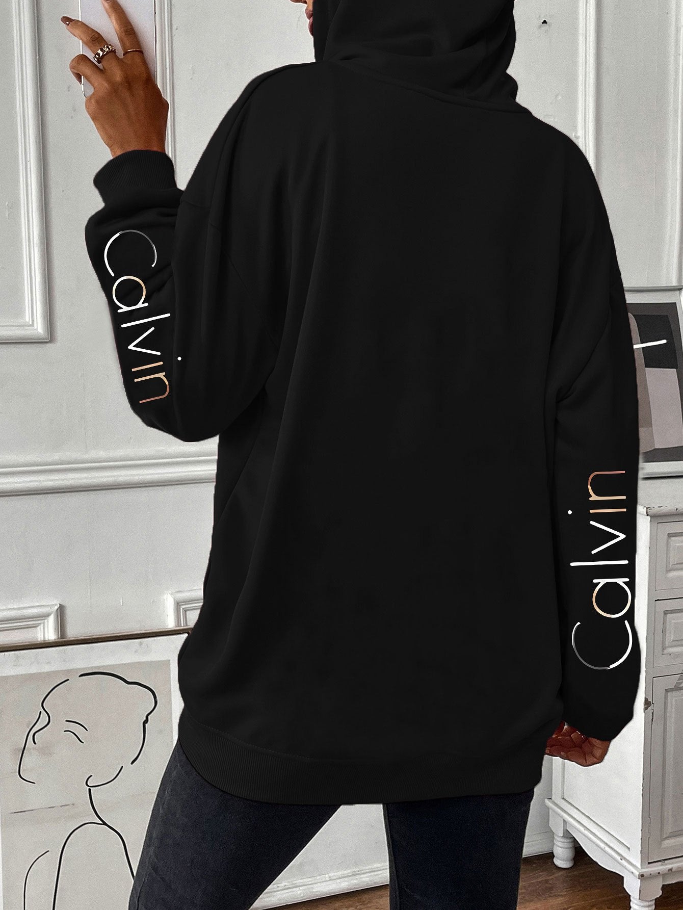 Letter Print Hooded Long Sleeve Zip Sweater For Women