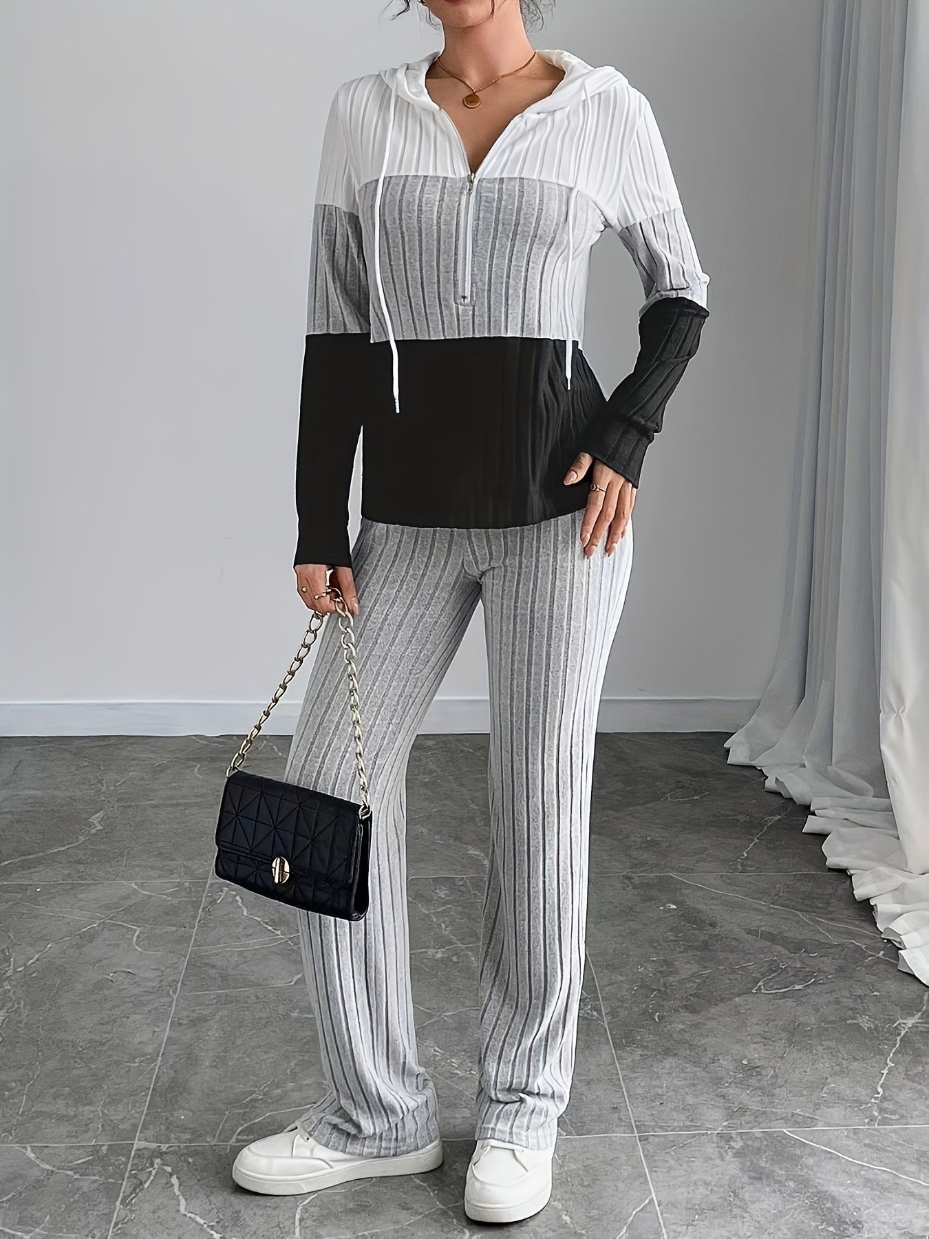 Women'S High-Waisted, Floor-Length Wide-Leg Pants Set with a Stylish And Casual Zip-Up Knit Design.