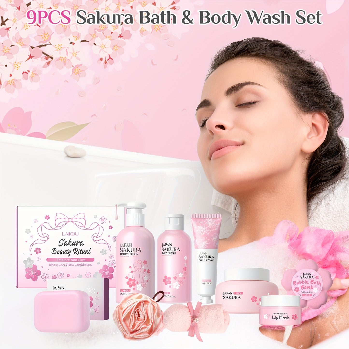 Sakura Body Bath Sets for Women Gift with Body Wash, Lotion, Soap, Bath Bomb, Scrub, Hand Cream & Lip Mask, Travel Essentials Skincare, Birthday Mother's Day Valentine's Day, Thanksgiving, And Christmas Gifts for Women