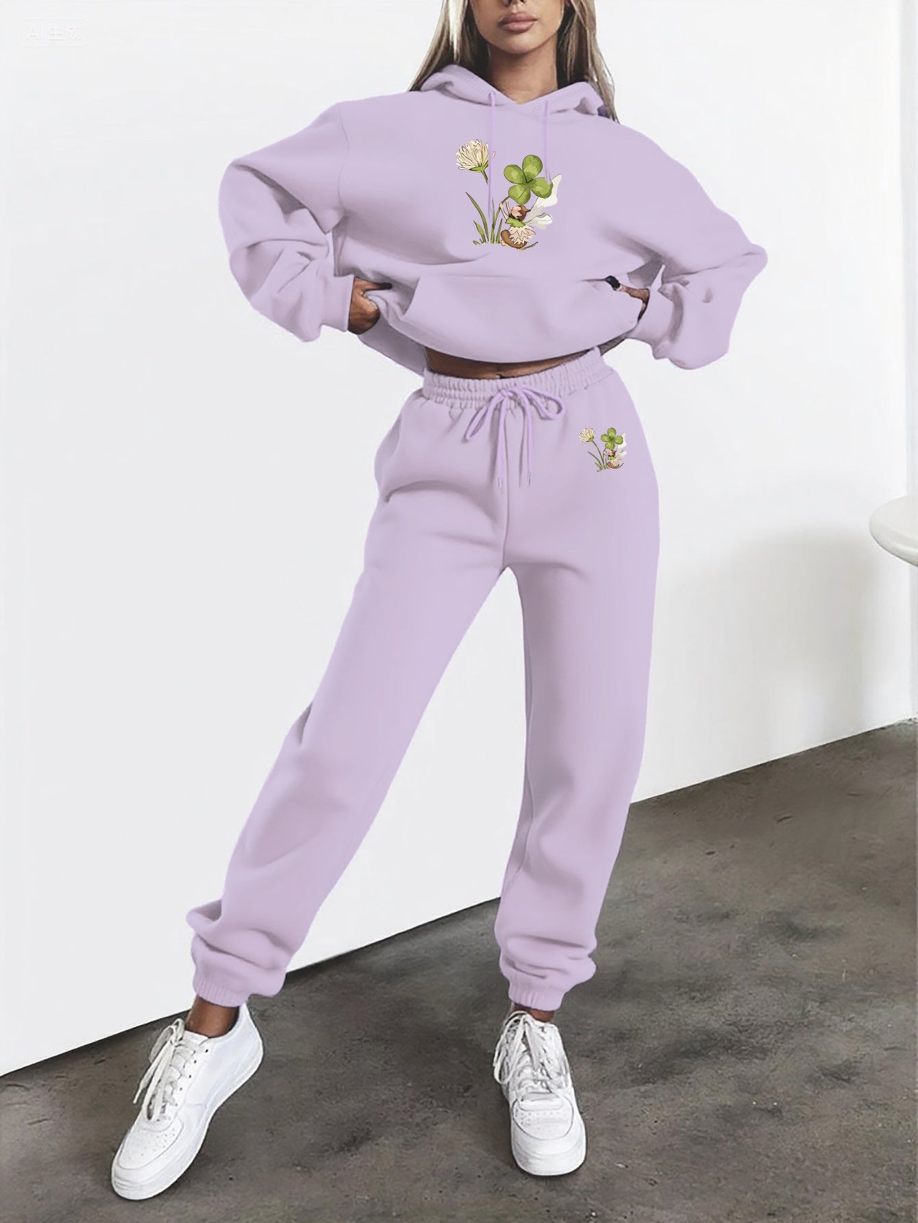 Floral Print Womens Hooded Sweatshirt And Pants Set Winter