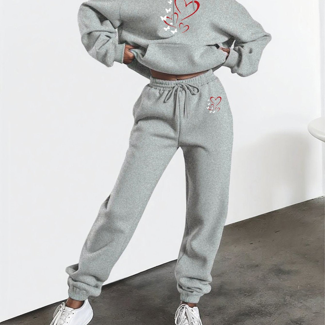Heart And Butterfly Print Hooded Sweatshirt And Pants Set