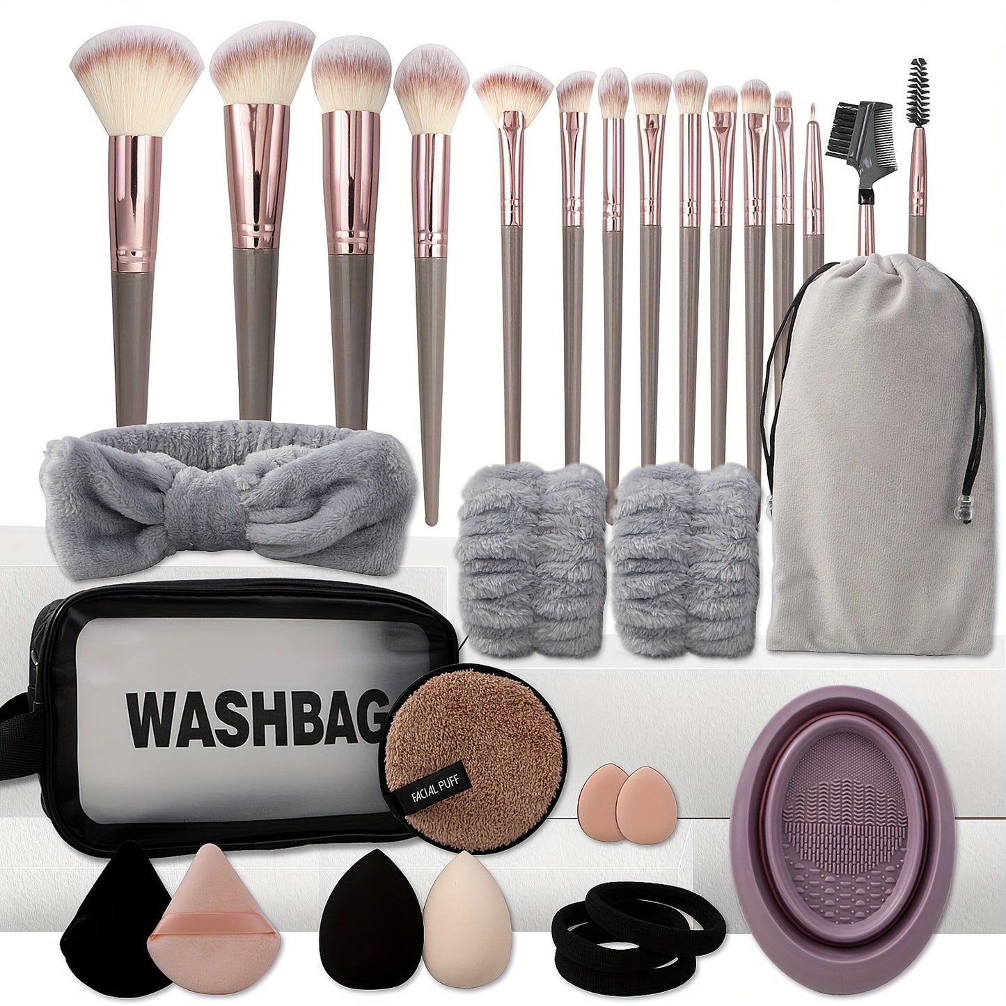 Professional Makeup Kit Brush&Beauty Blender&Makeup Remover Puff&Cleaning Mat&Bathroom Bag, Foundation Brush Eye Shadow Brush, Travel Easy Carrying, Gift Set for Beginner, for School Beauty Tools set, Teen Girl Trendy Stuff,