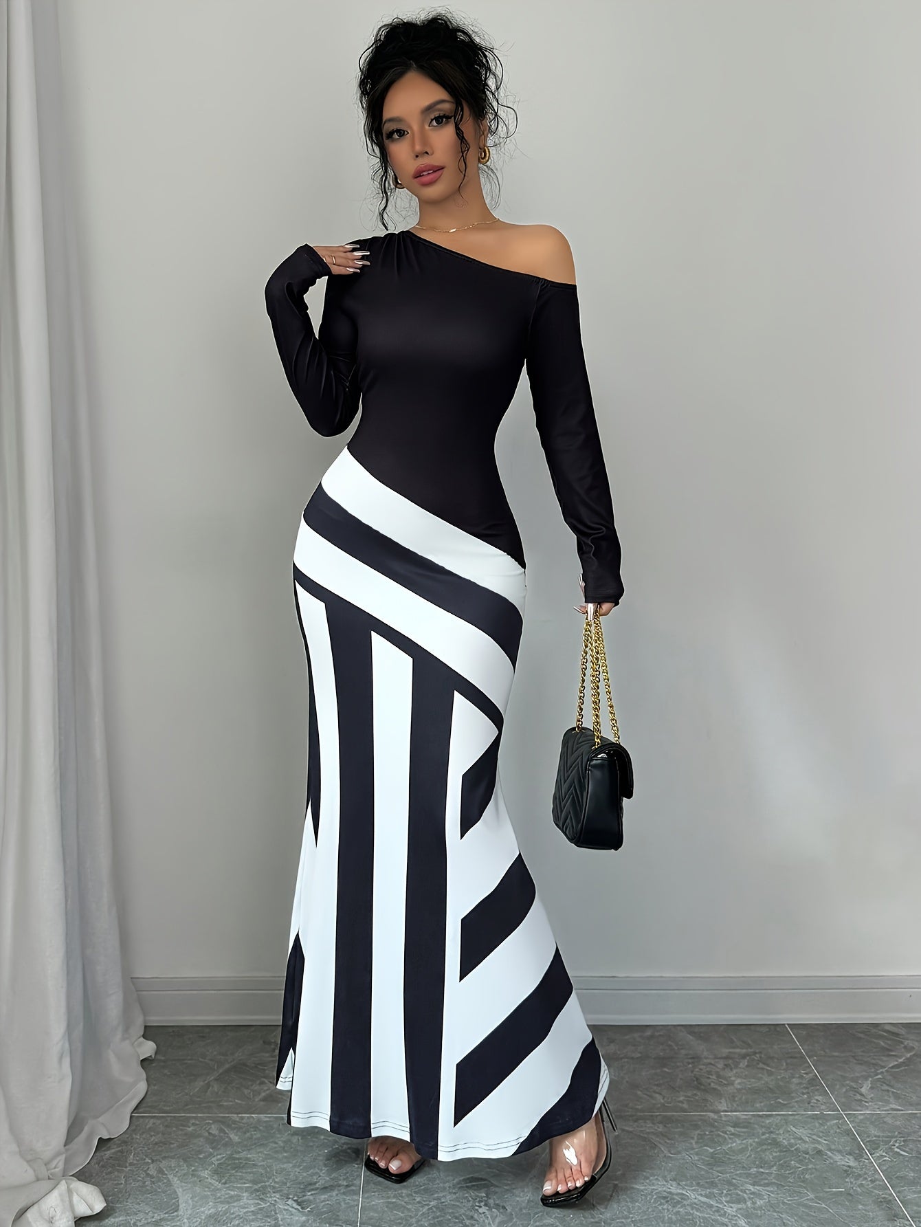 Elegant Off Shoulder Striped Maxi Dress For Women Everyday