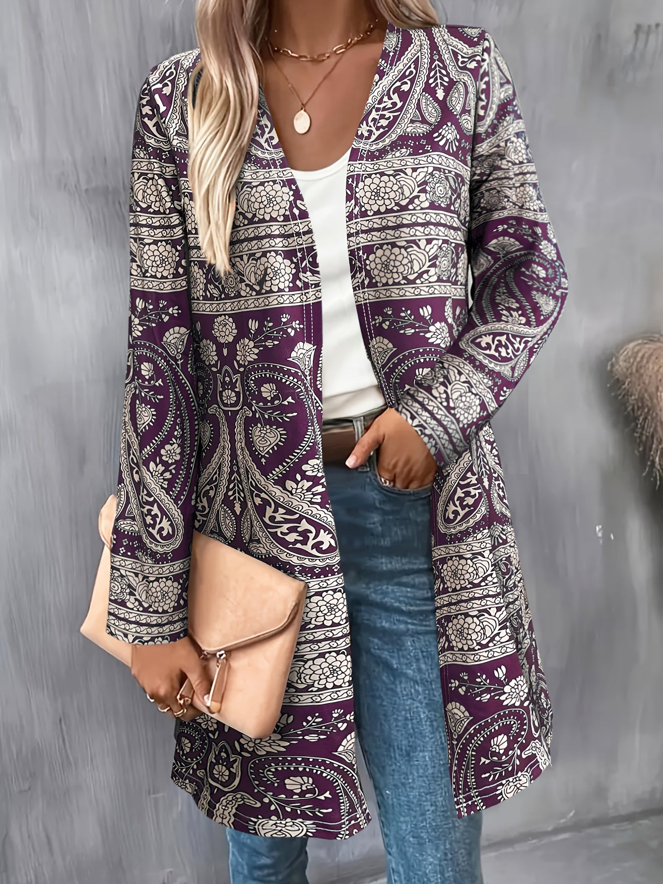Elegant Paisley Print Womens Cardigan Open Front Knitwear