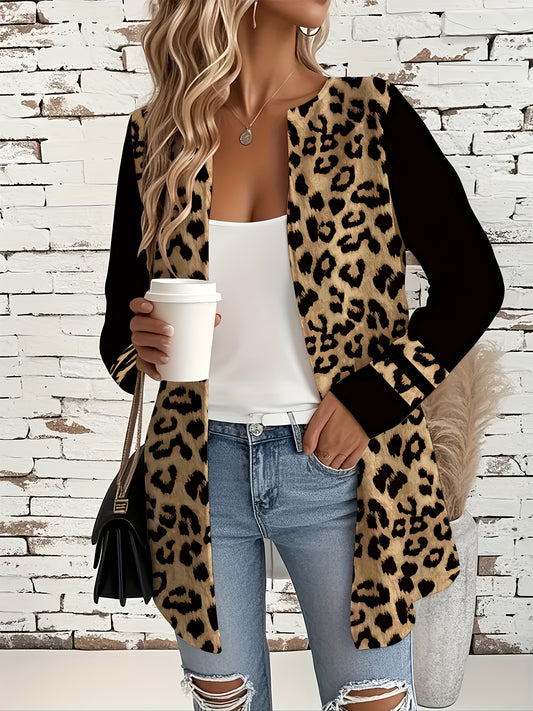Plus Size, Women's Elegant Oversized Leopard Print Jacket - All-Season Black & Brown Animal Print Coat with Golden-Tone Hardware, Round Neck Winter Outerwear, Plus Size Casual to Formal Outer Jacket (Hand Washable) - Stylish