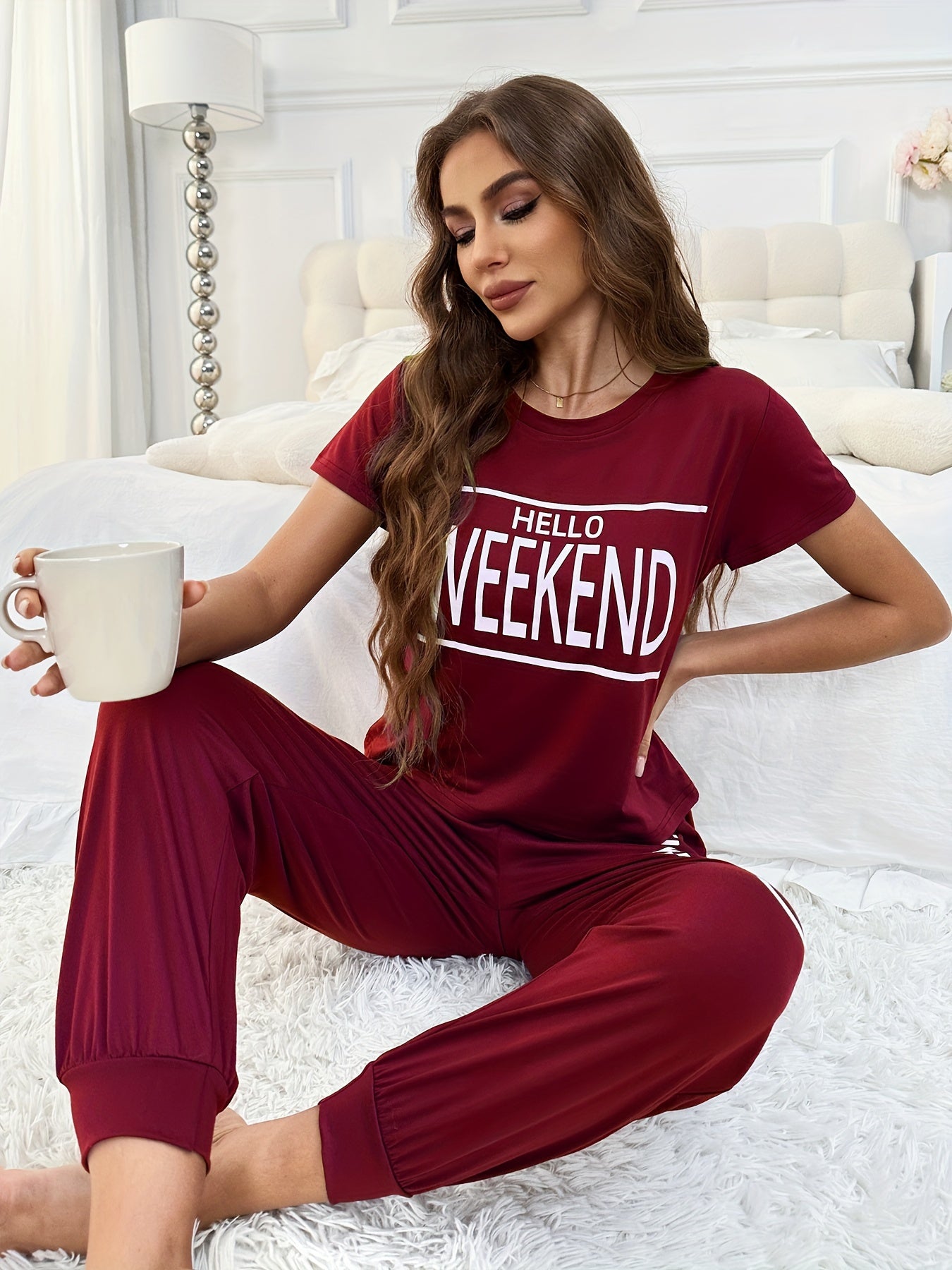 4pcs set of spring, summer, autumn, and winter Women's Short Sleeve Top with long pants Pajama Set Ultra Soft Lounge & Sleepwear
