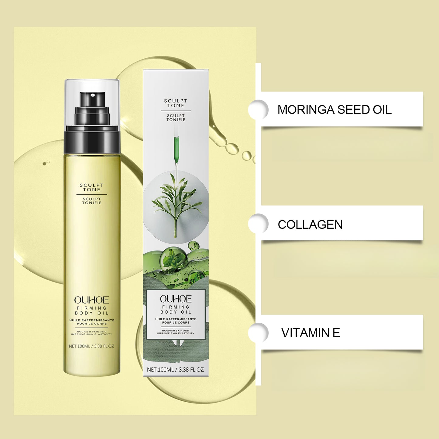 2pcs Light Beige Tightening Massage Care Oil, Rich in Jojoba Seed Oil, Moringa Seed Oil, Collagen, Vitamin E, and Rosemary Leaf Oil, Gently Moisturizes and Tightens The Light Beige, Refreshing and Non Greasy. It Is A Body Mas