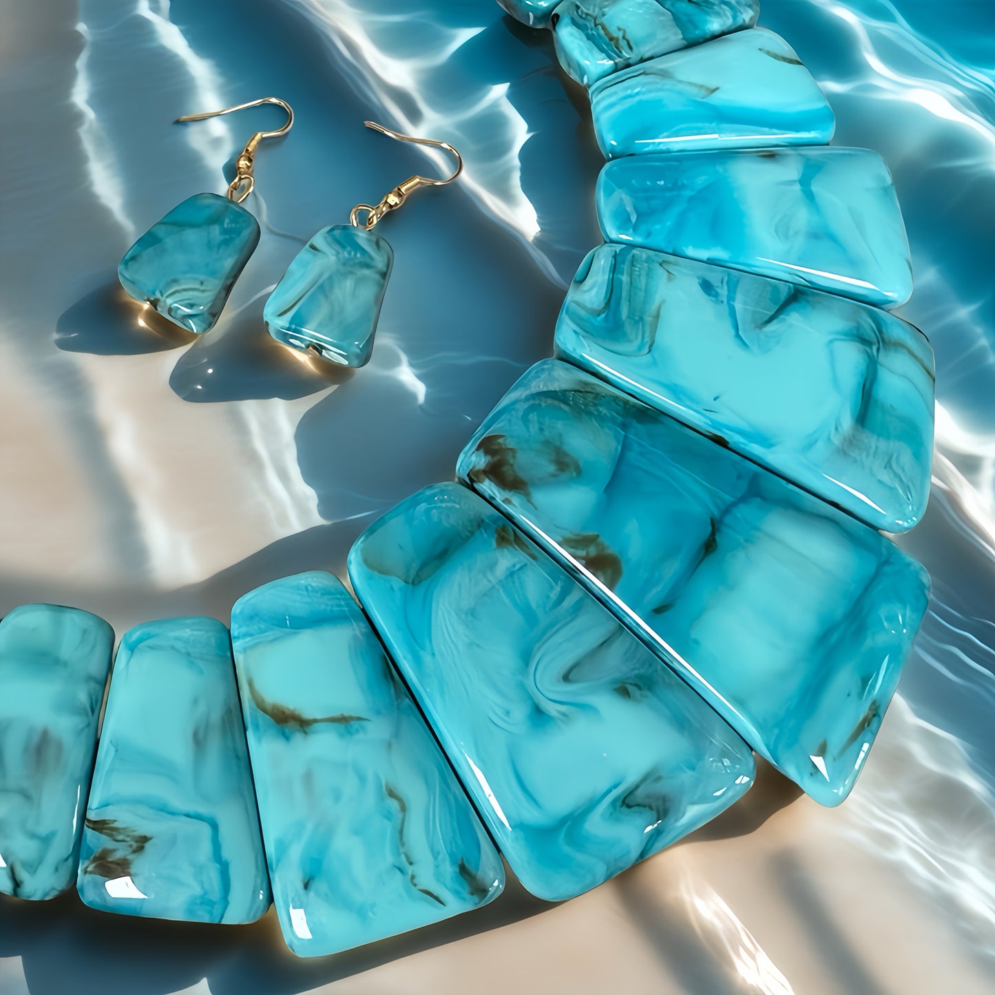 Elegant Blue Resin Jewelry Set with Golden Accents