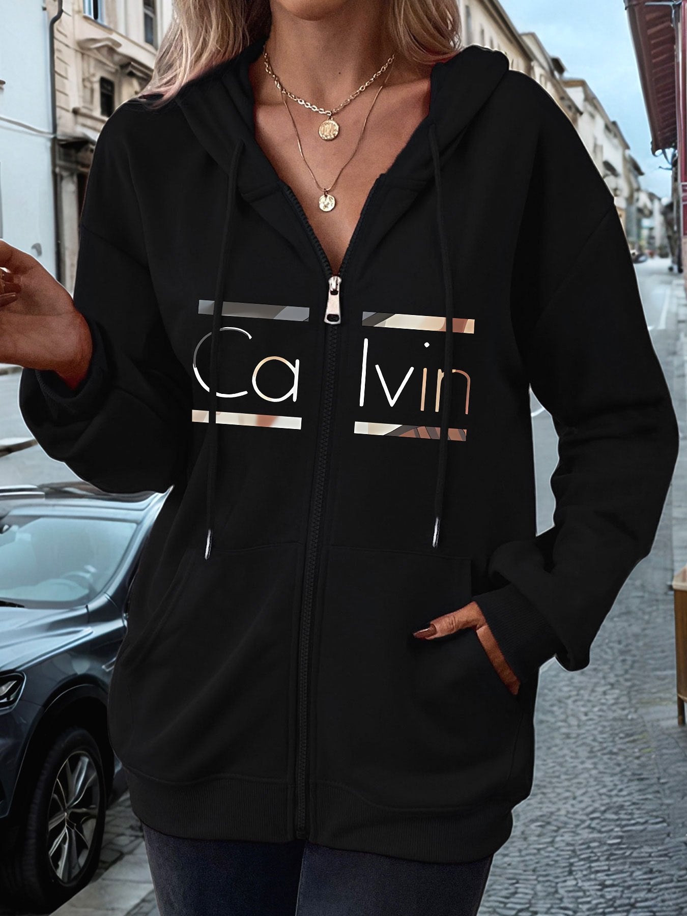 Letter Print Hooded Long Sleeve Zip Sweater For Women