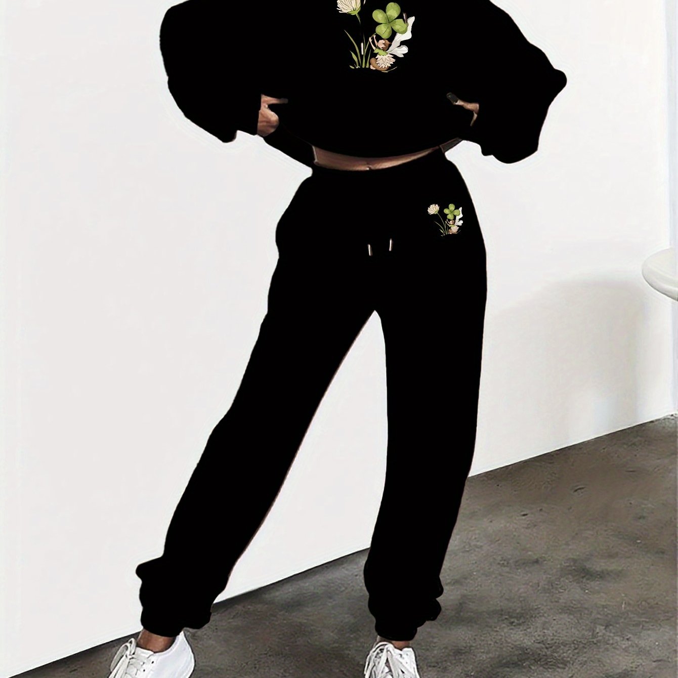 Floral Print Womens Hooded Sweatshirt And Pants Set Winter