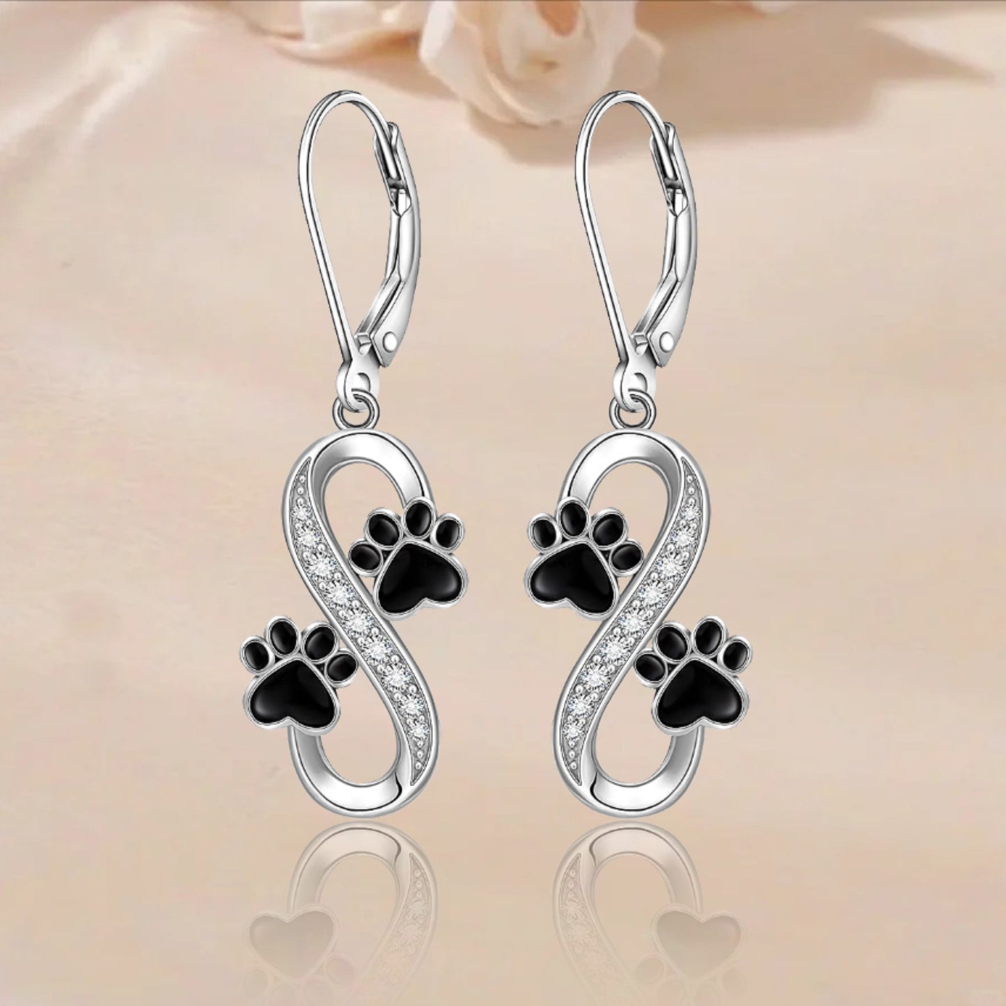 Sterling Silver Infinity Earrings - 925 Black Cat Paw Print Women's Memorial Jewelry Lover Gift - Valentine's Day Puppy Pet Paw Earrings