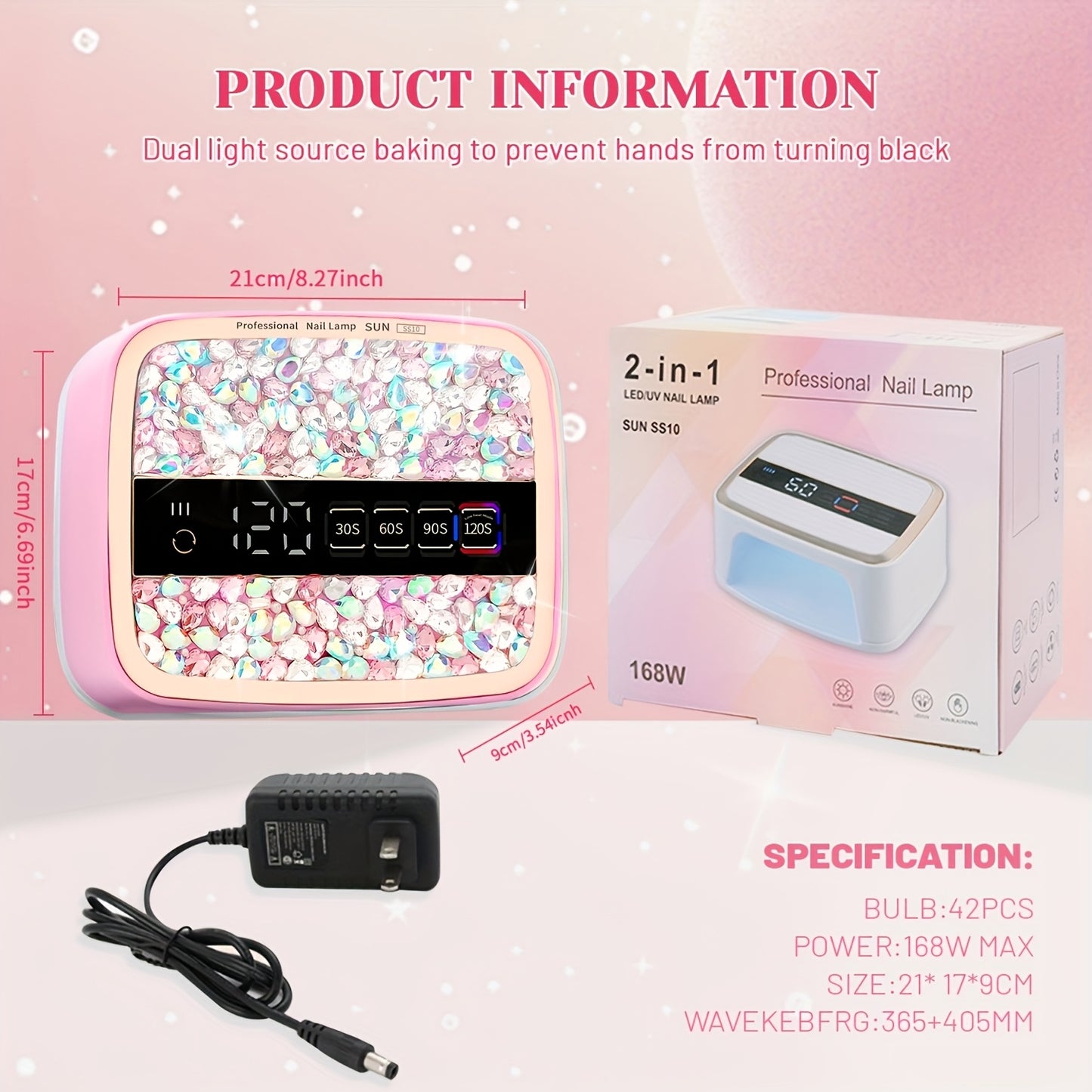 Portable UV LED Nail Lamp with Sparkling Pink Rhinestones