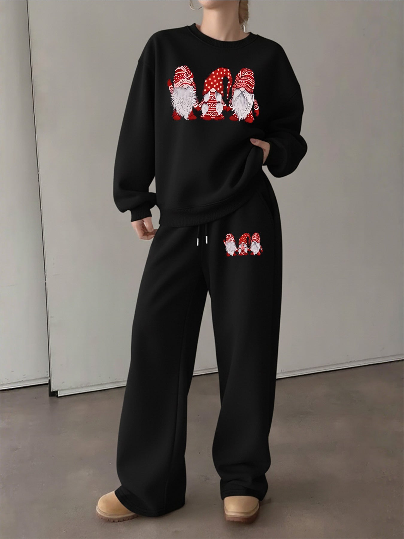 Women'S Cozy Fleece-Lined Sweatshirt and Pants Set - Casual Crew Neck, Long Sleeve, Drawstring Waist, with Red & Santa Hat Print, Perfect for Fall/Winter, Winter Clothing | Casual Style | Fleece Lined Sweatshirt