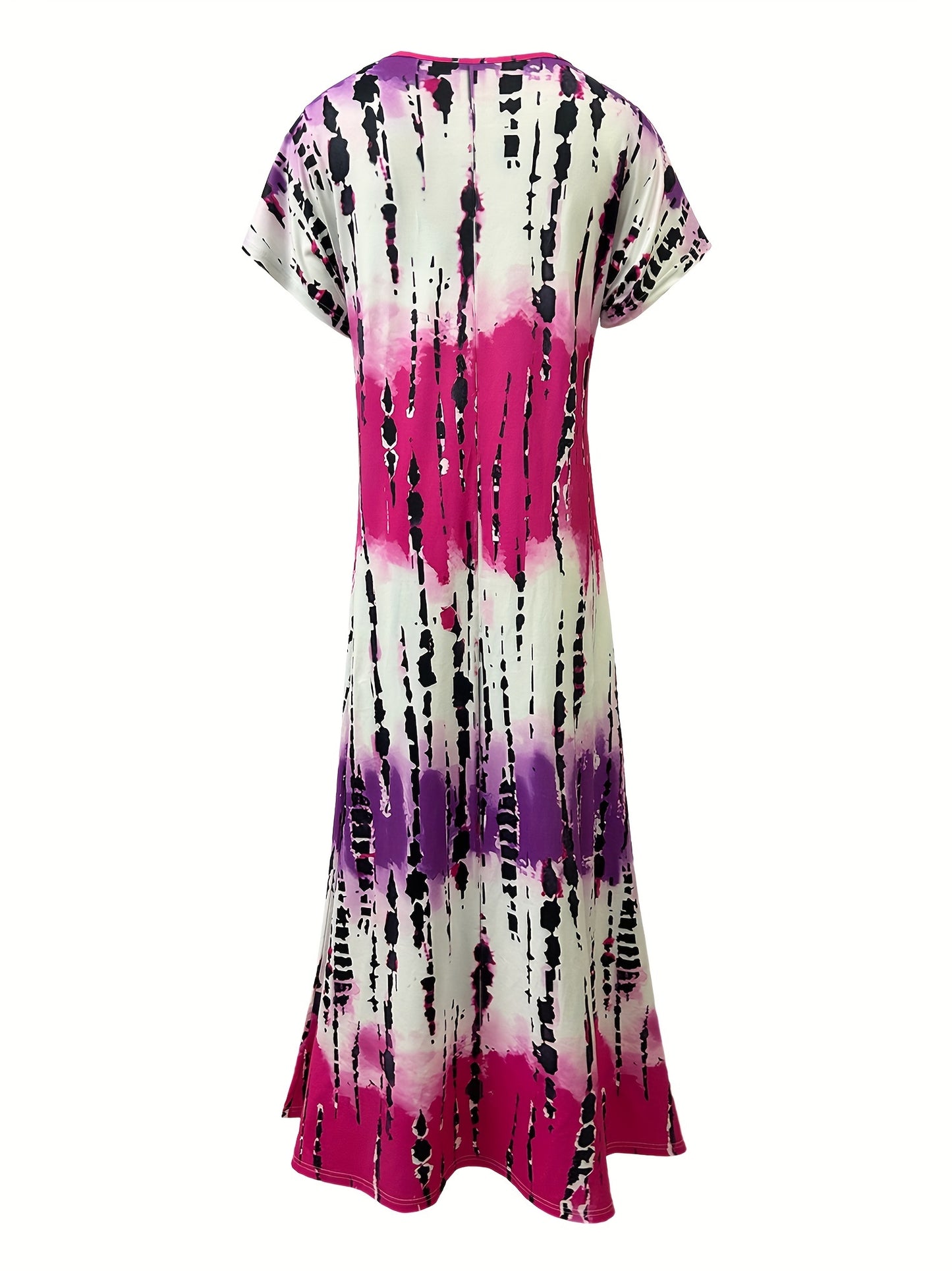 Tie Dye V Neck Dress with Elegant Split Short Sleeves