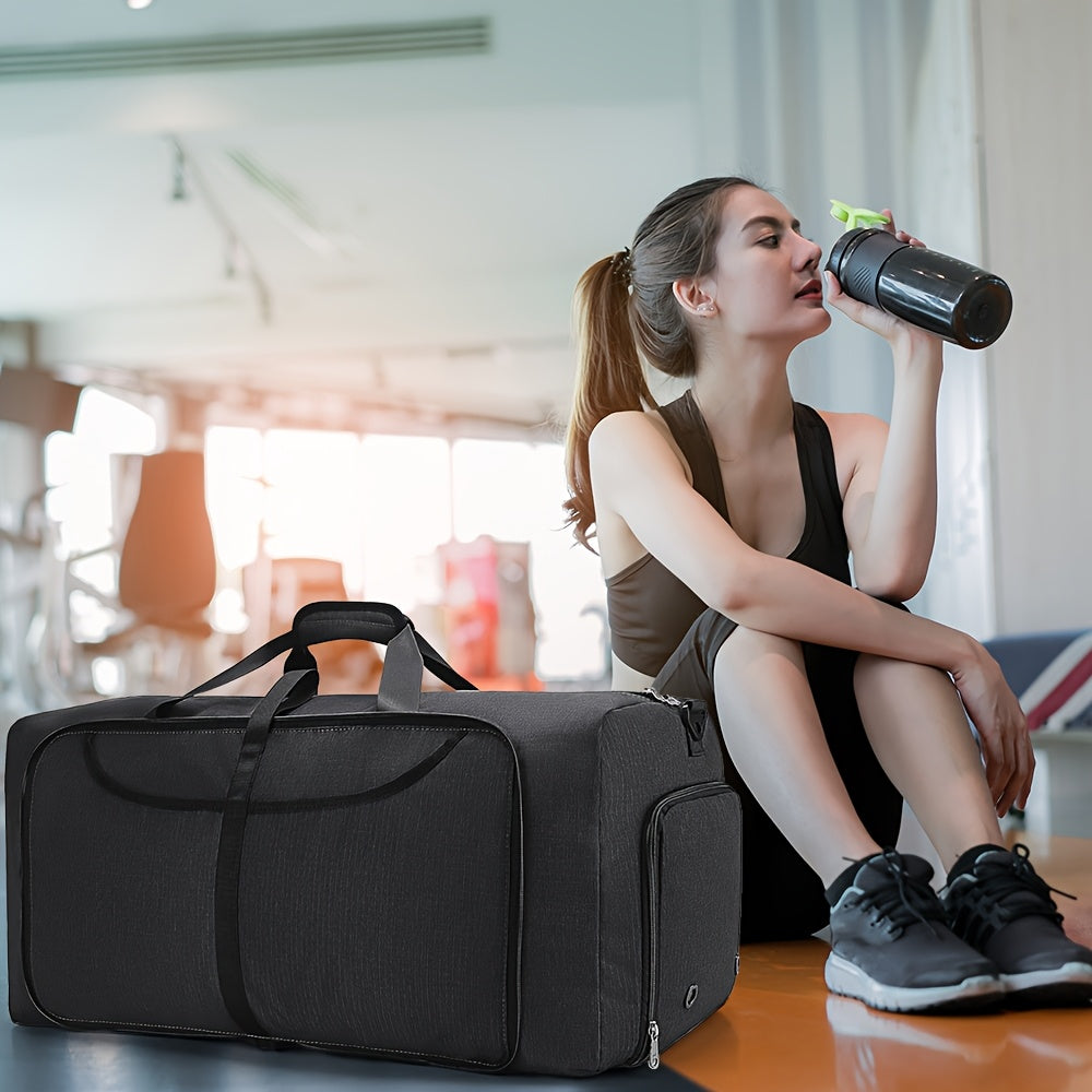 [Large Foldable Duffel Bag] 31.7 Gallon Large Foldable Duffel Bag | Durable Sporty Unisex Weekend Getaway Bag with Shoe Compartment, Multi-Pocket Organizer, Black & White Striped Design, Easy Care, Sturdy Handles & Adjustable