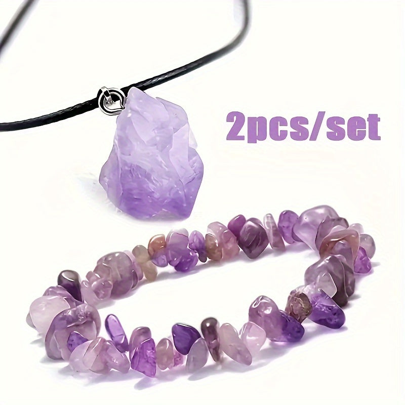 Natural Amethyst Pendant Necklace and Crushed Stone Bracelet Set