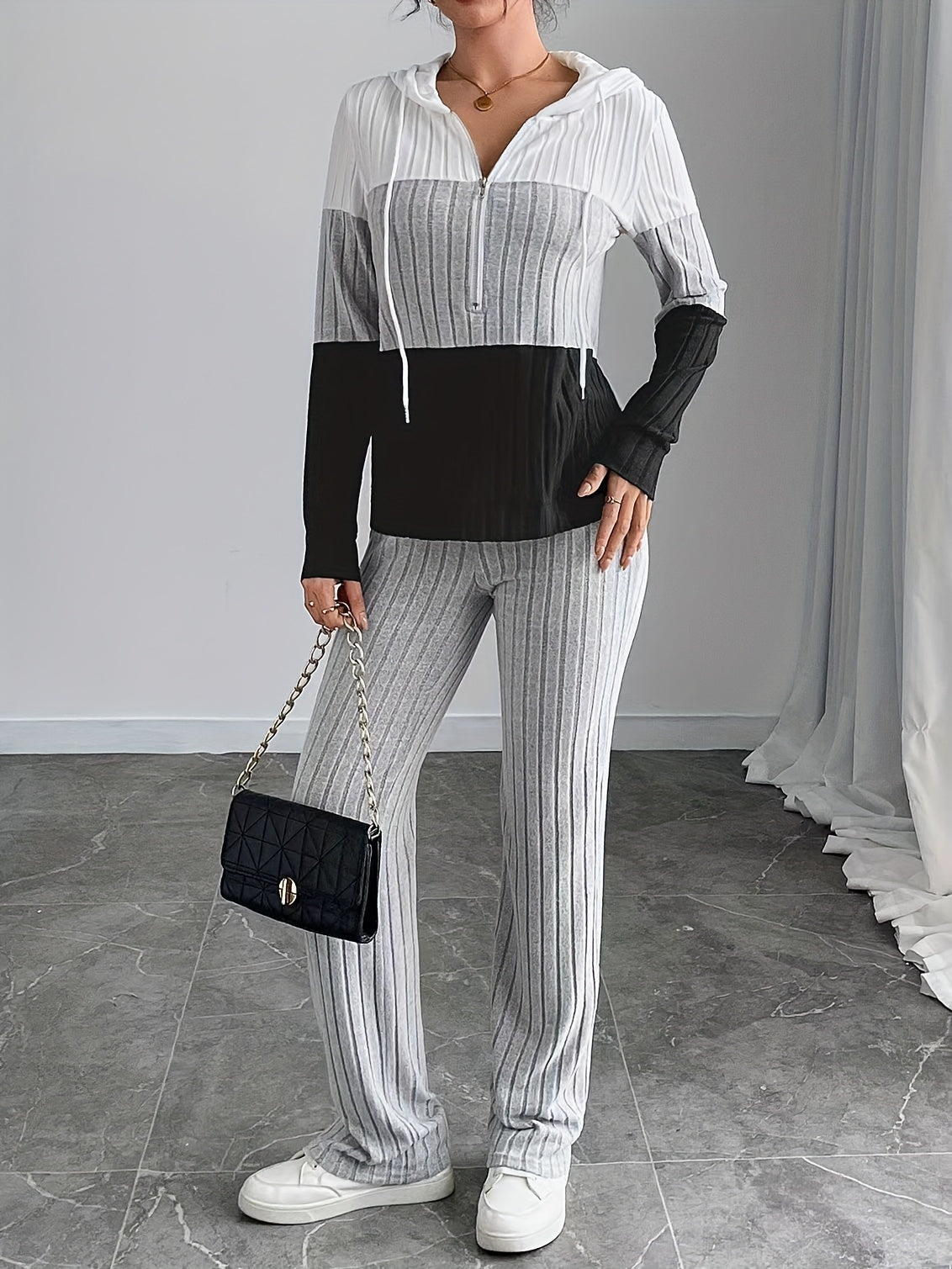 Women'S High-Waisted, Floor-Length Wide-Leg Pants Set with a Stylish And Casual Zip-Up Knit Design.