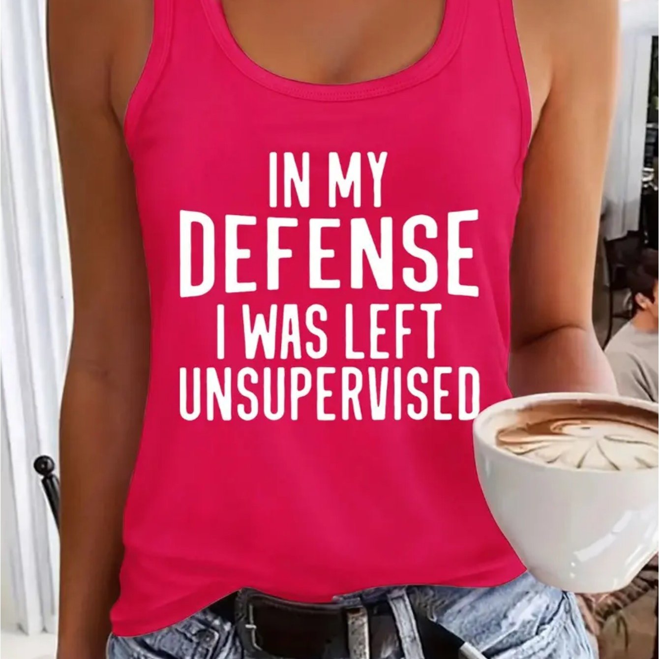 [Vibrant Red Vest] Vibrant Red 1pc Women's Sleeveless Vest "In My Defense I Was Left Unsupervised" | Breathable 180GSM Fabric, Round Neck, Casual Summer Top, Machine Washable, Regular Fit