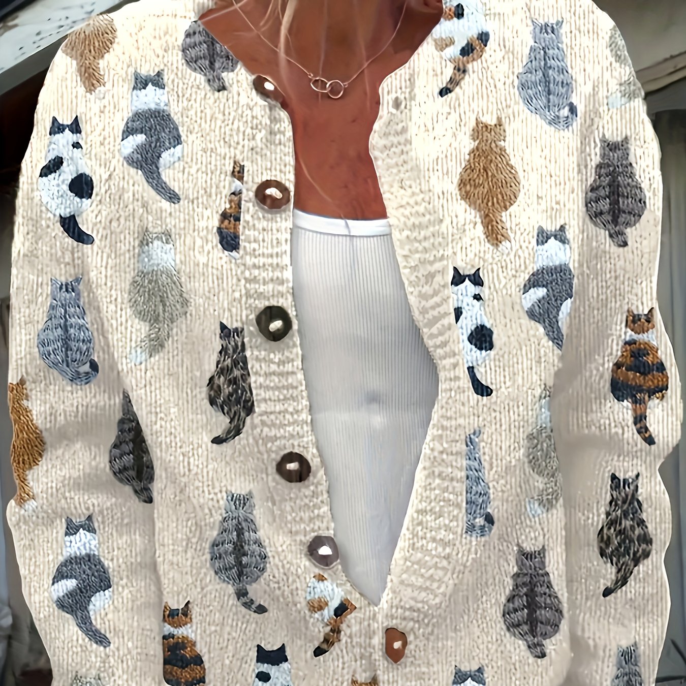 Womens Casual Printed Button Front Lightweight Knit Cardigan