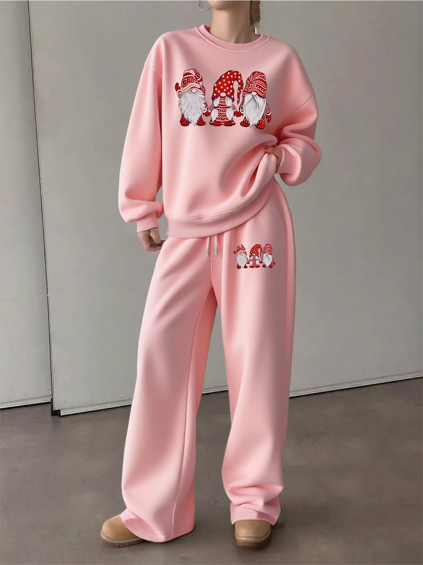 Women'S Cozy Fleece-Lined Sweatshirt and Pants Set - Casual Crew Neck, Long Sleeve, Drawstring Waist, with Red & Santa Hat Print, Perfect for Fall/Winter, Winter Clothing | Casual Style | Fleece Lined Sweatshirt