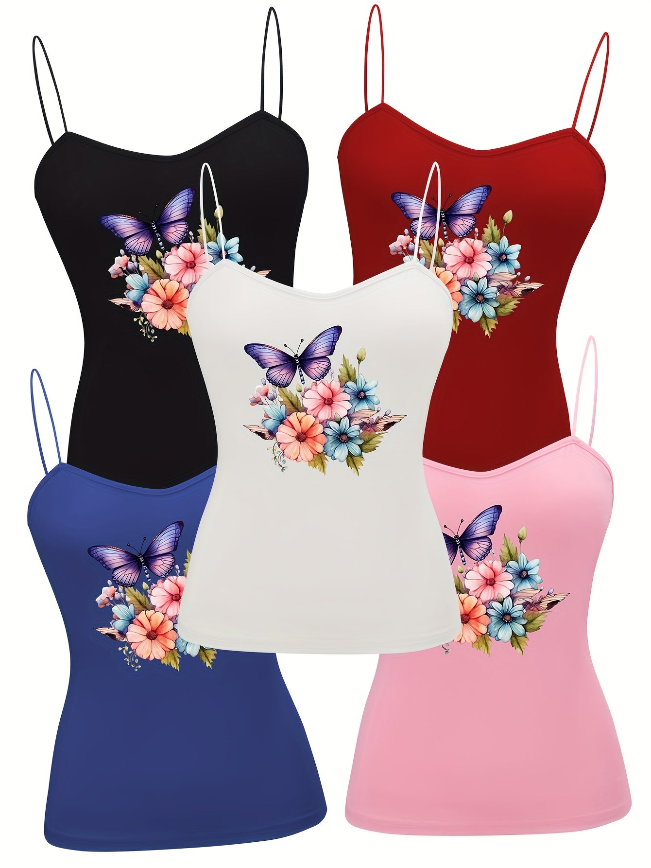 Butterfly Floral Spaghetti Strap Tops for Women Semi Sheer