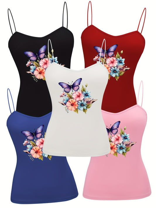 Butterfly Floral Spaghetti Strap Tops for Women Semi Sheer