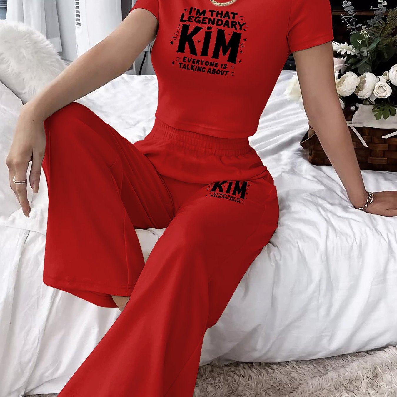 Women'S Casual Two-Piece Set - "I'm That Kim" Graphic T-Shirt & Wide-Leg Pants with Slant Pocket, Elegant Polyester Blend, All-Season Wear, Casual Wear|Graphic Print Top|Polyester Blend